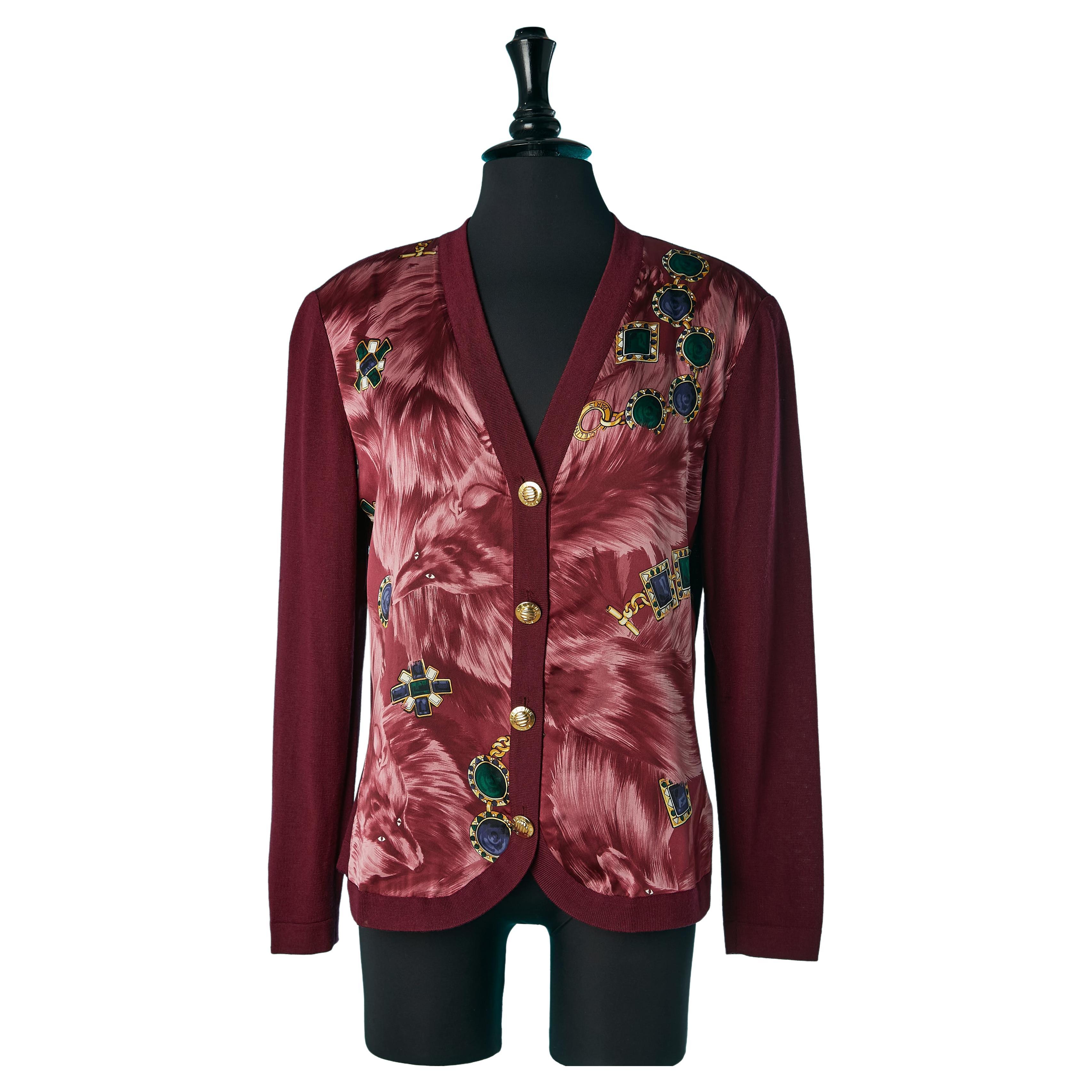 Wool burgundy cardigan with printed silk Céline  For Sale