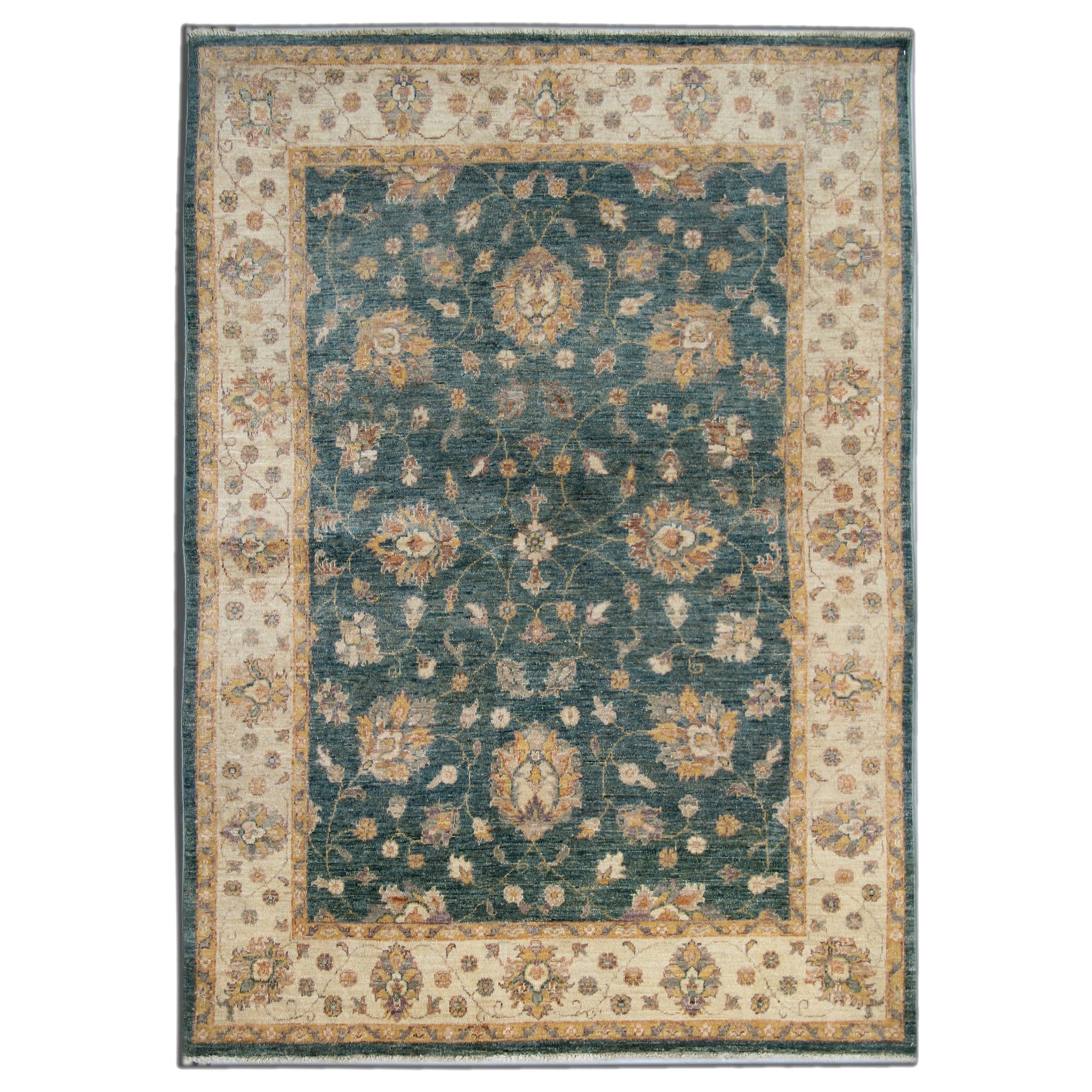 Traditioneller Wollteppich Floral Grün Creme Wolle Fläche Teppich All Over