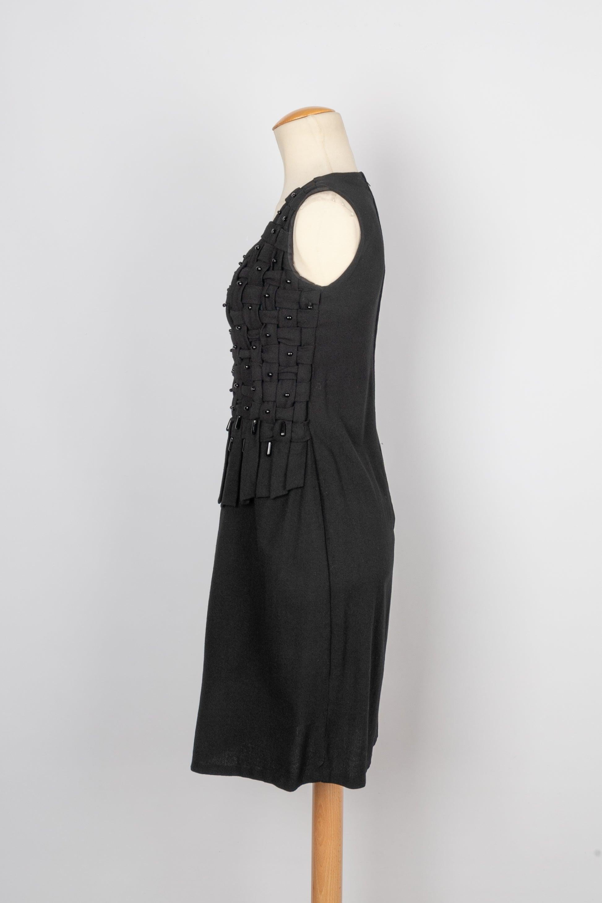 Women's Wool Cheesecloth Dress Sewn with Black Glass Pearls, 1950s/60s For Sale