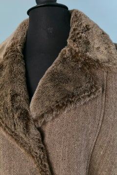 Wool chevron and Faux fur coat BALMAIN