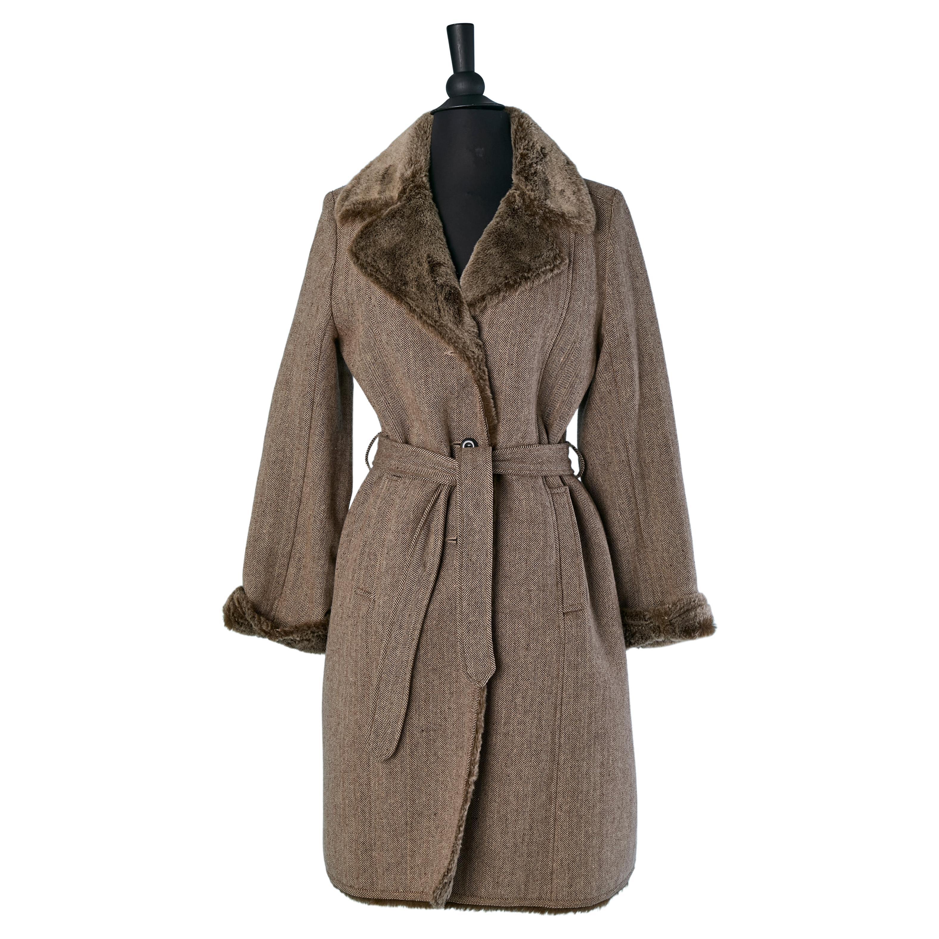 Wool chevron and Faux fur coat BALMAIN For Sale