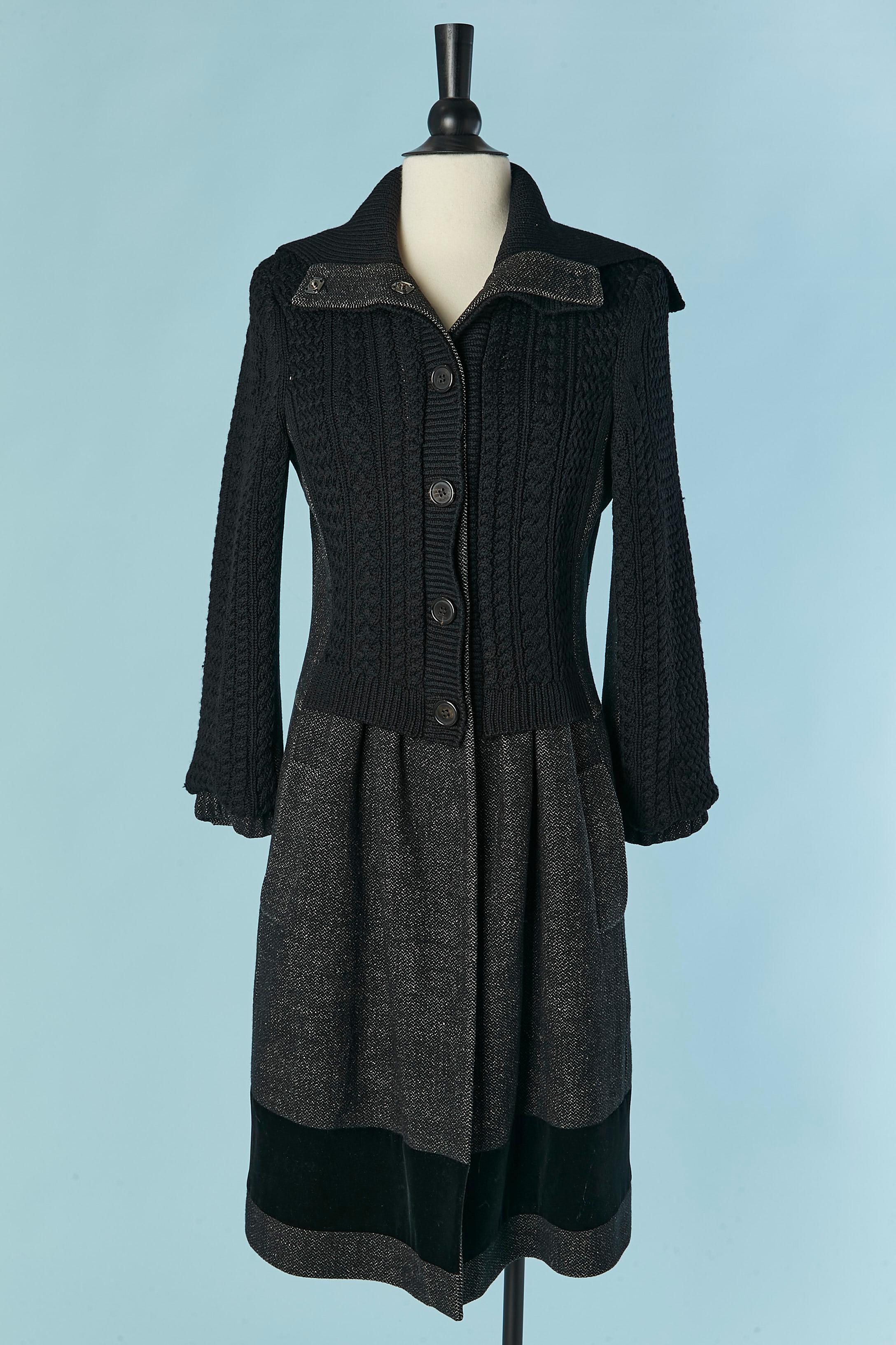 Black Wool chiné, black knit and velvet single breasted coat ETRO For Sale