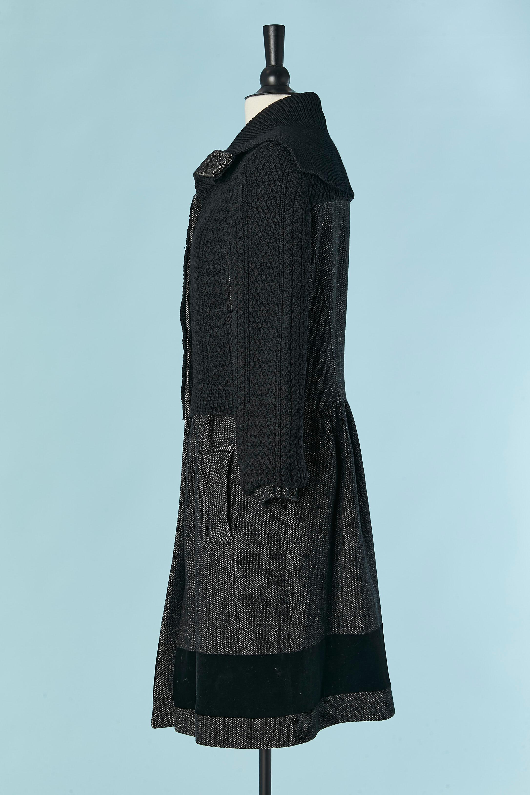 Wool chiné, black knit and velvet single breasted coat ETRO For Sale 1