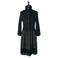 Wool chiné, black knit and velvet single breasted coat ETRO