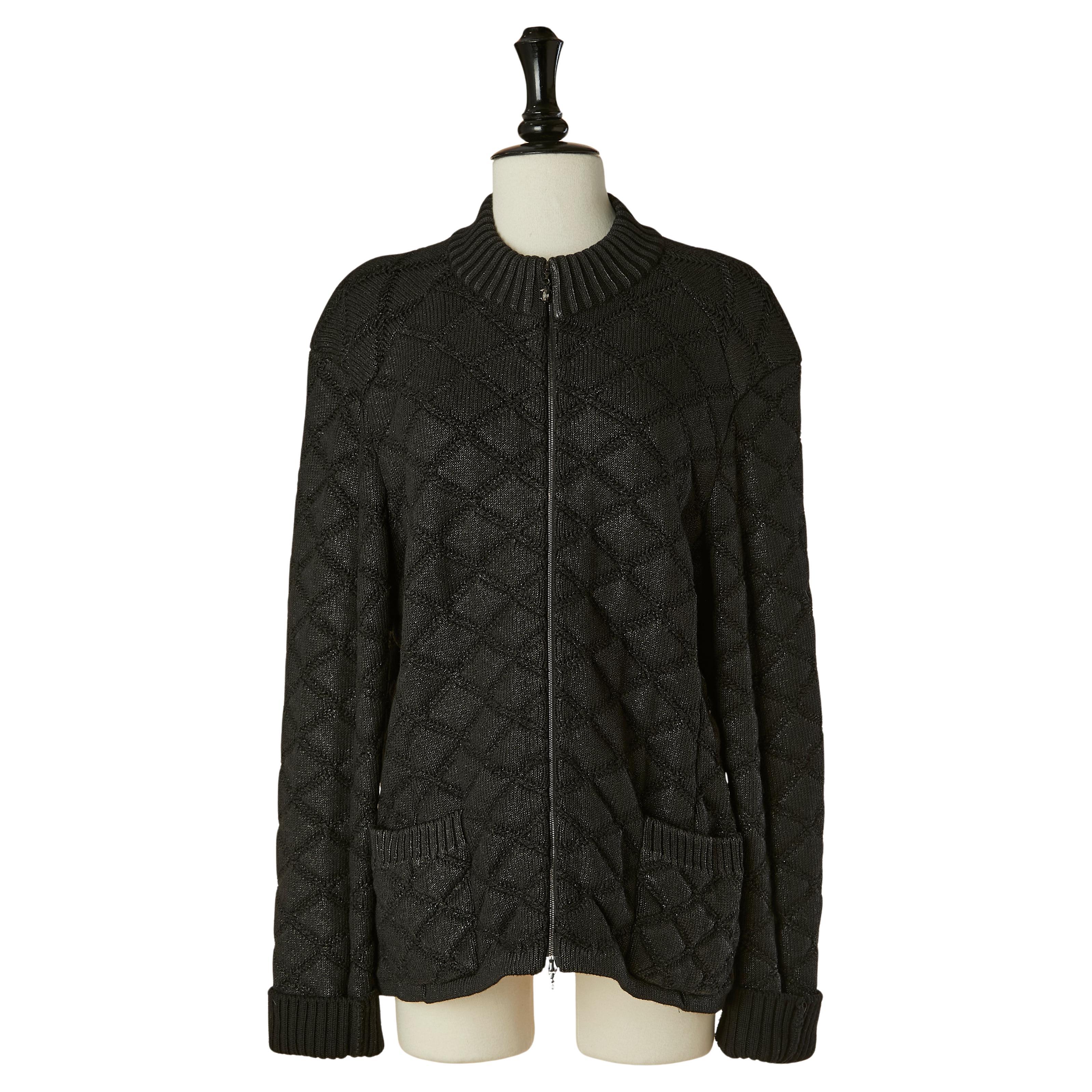 Chaqueta de punto negra recubierta de lana con cierre de cremallera CHANEL