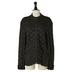 Chaqueta de punto negra recubierta de lana con cierre de cremallera CHANEL