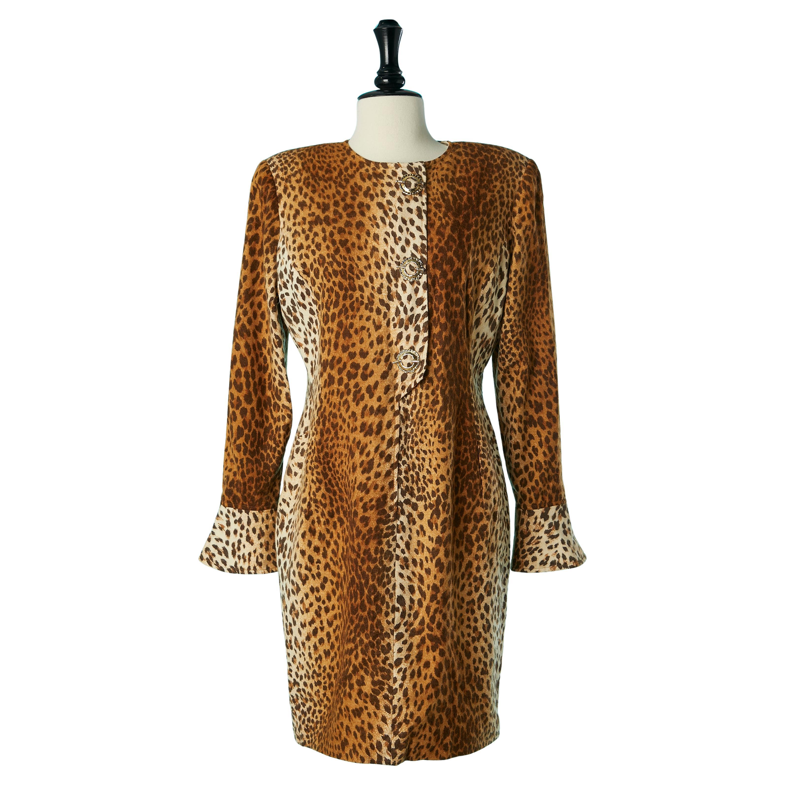 Wool cocktail dress with animal print and gold metal buttons Valentino Boutique For Sale