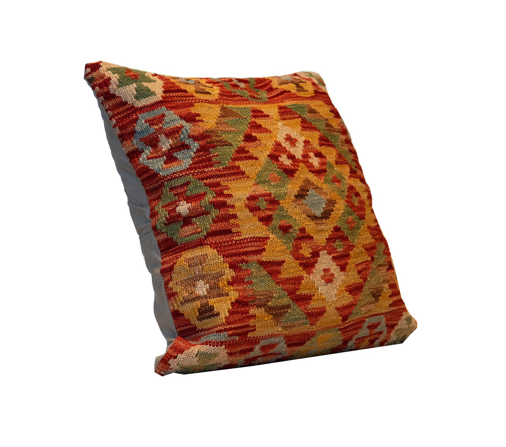 Afghan Wool Cushion Cover, Kilims Handwoven Vintage Orange Beige Scatter Pillow
