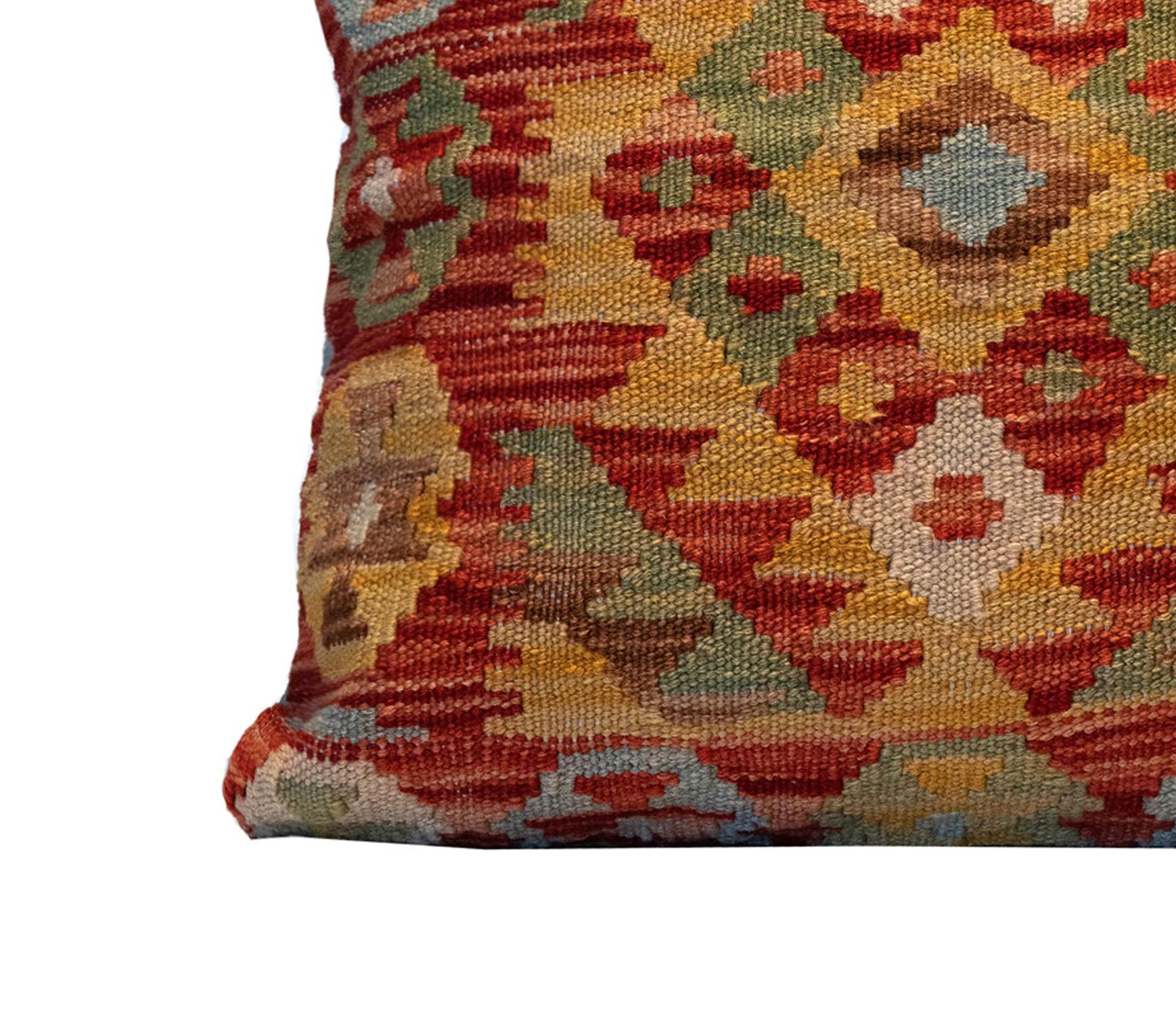 Vegetable Dyed Wool Cushion Cover, Kilims Handwoven Vintage Orange Beige Scatter Pillow