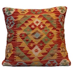 Wool Cushion Cover, Kilims Handwoven Vintage Orange Beige Scatter Pillow
