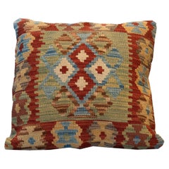 Wool Cushion Handmade Traditional Green Red Geometric Scatter Pillow
