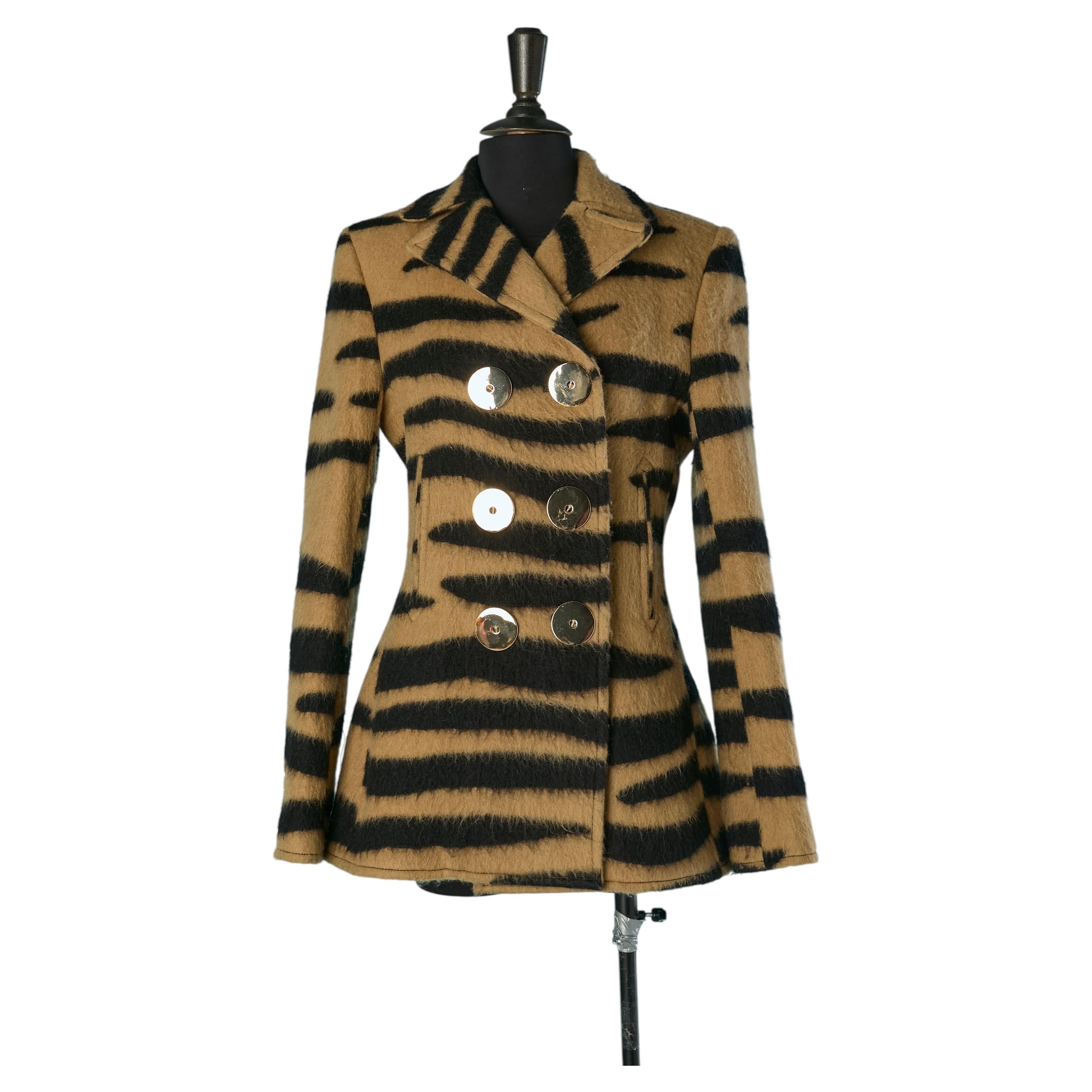 Pea-coat de lana de doble botonadura con estampado de cebra y botón oversize PACO RABANNE