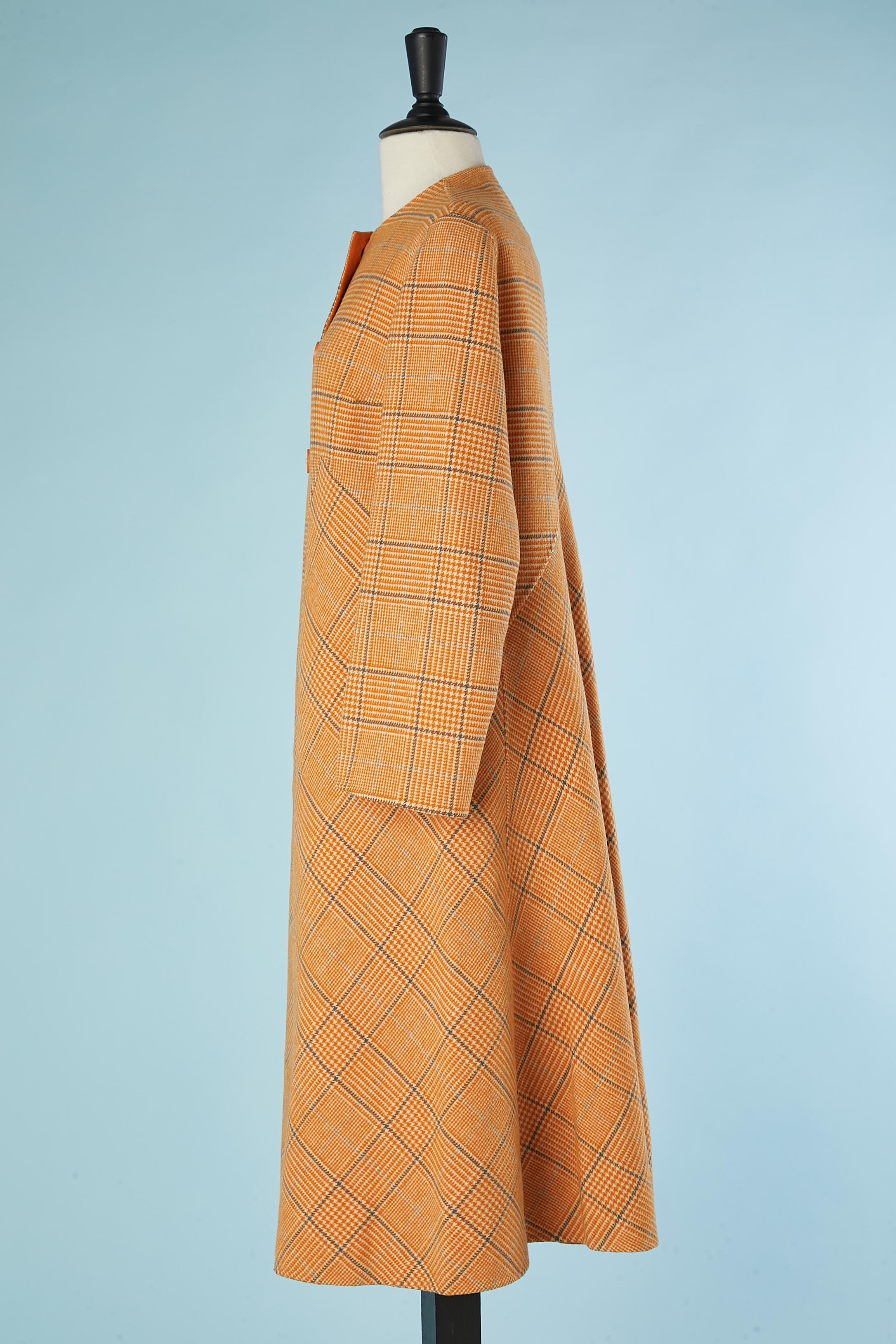 Wool double-face ( check and plain orange) coat Grès Circa 1970's  In Good Condition For Sale In Saint-Ouen-Sur-Seine, FR