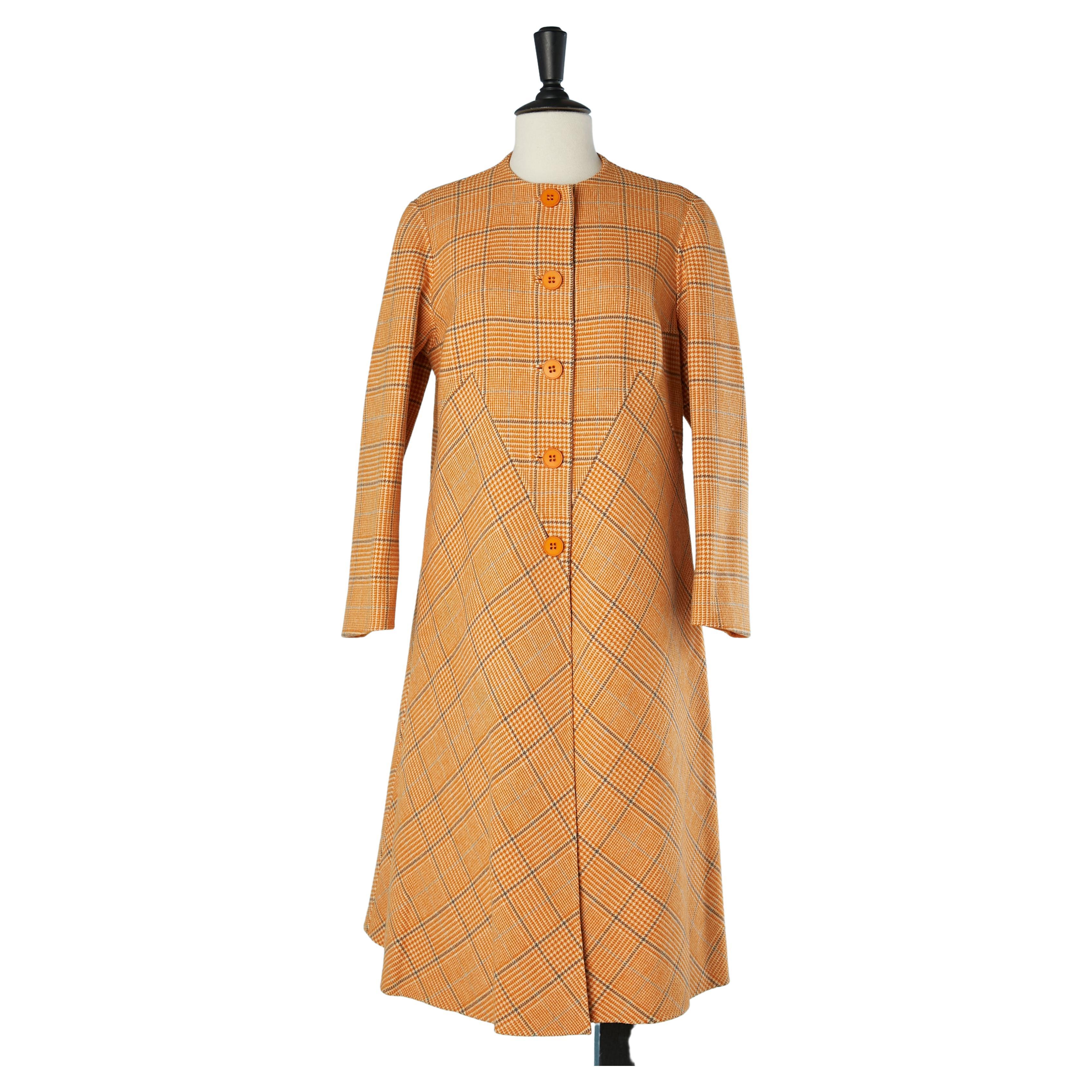 Wool double-face ( check and plain orange) coat Grès Circa 1970's  For Sale