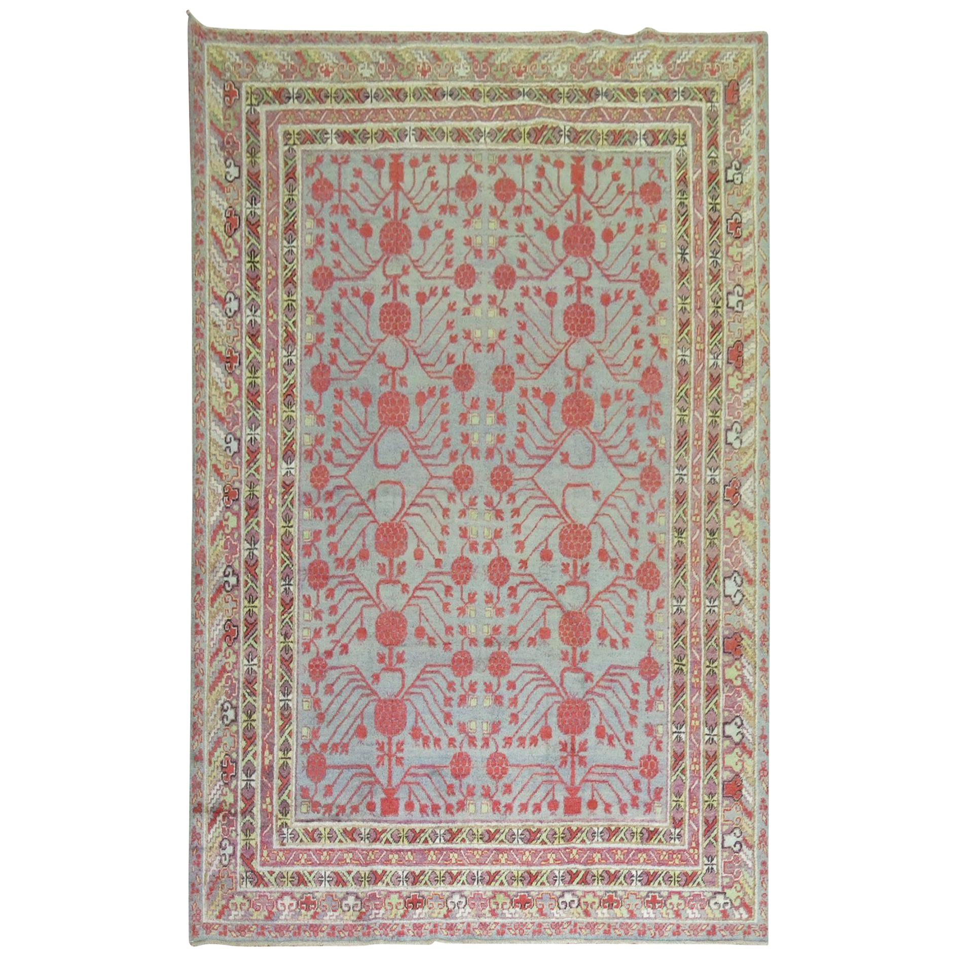 Wool Early 20th Century Khotan Gray Field Red Pomegranate Full Pile Rug