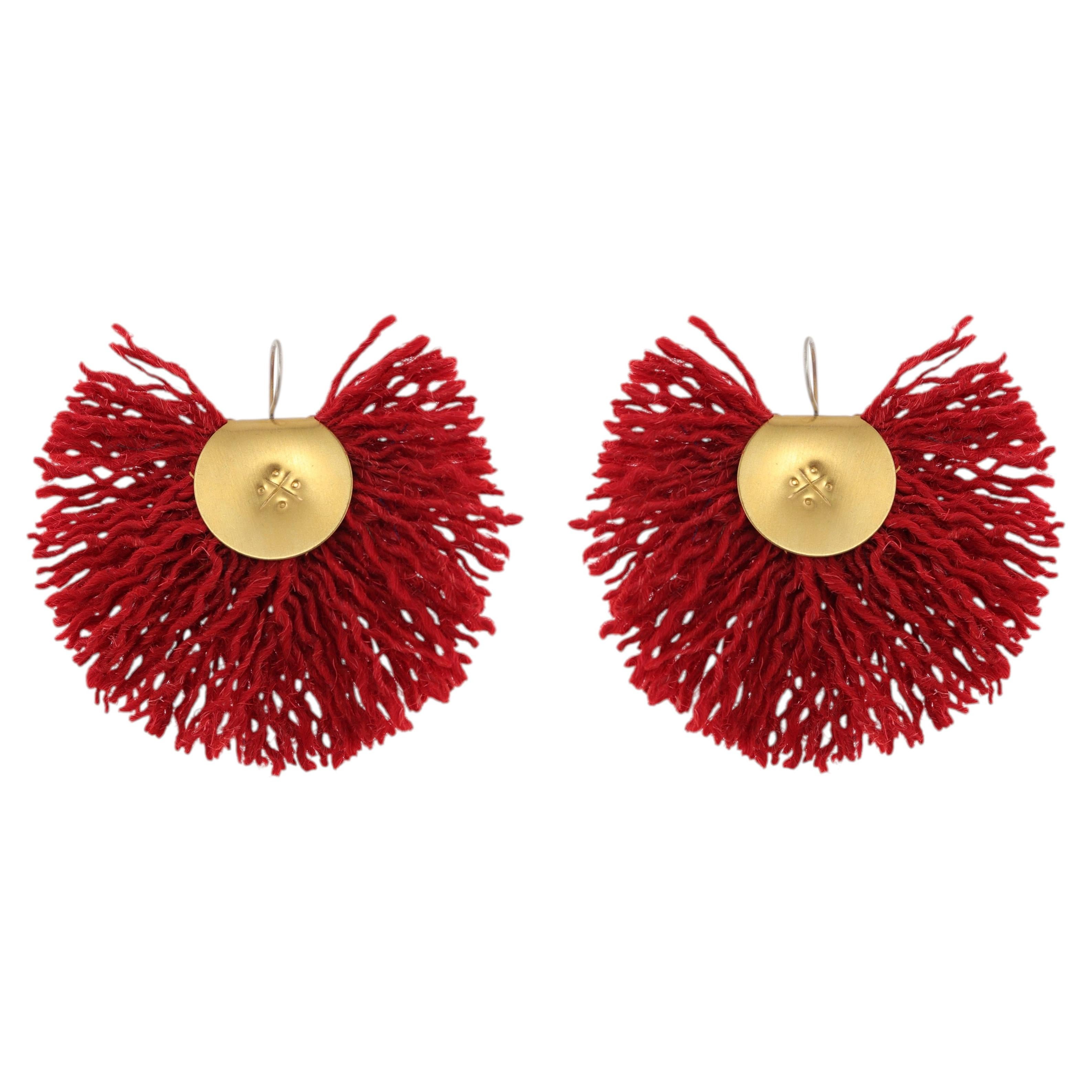 Wool Fan Earrings in Red Wool & 24k Vermeil Gold by Katerina Makriyianni