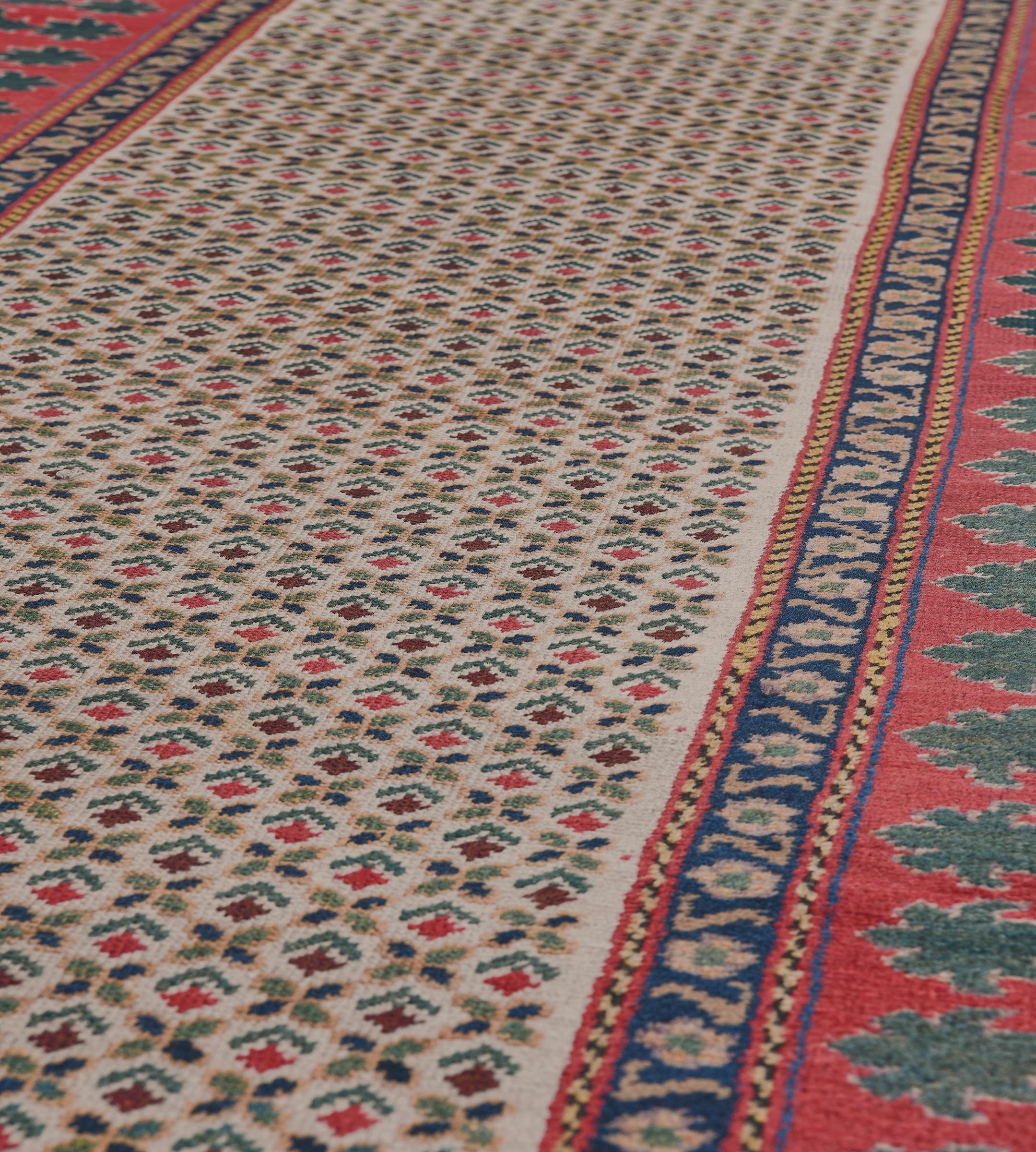20th Century Wool Floral Antique Caucasian Runner with Bold Border For Sale