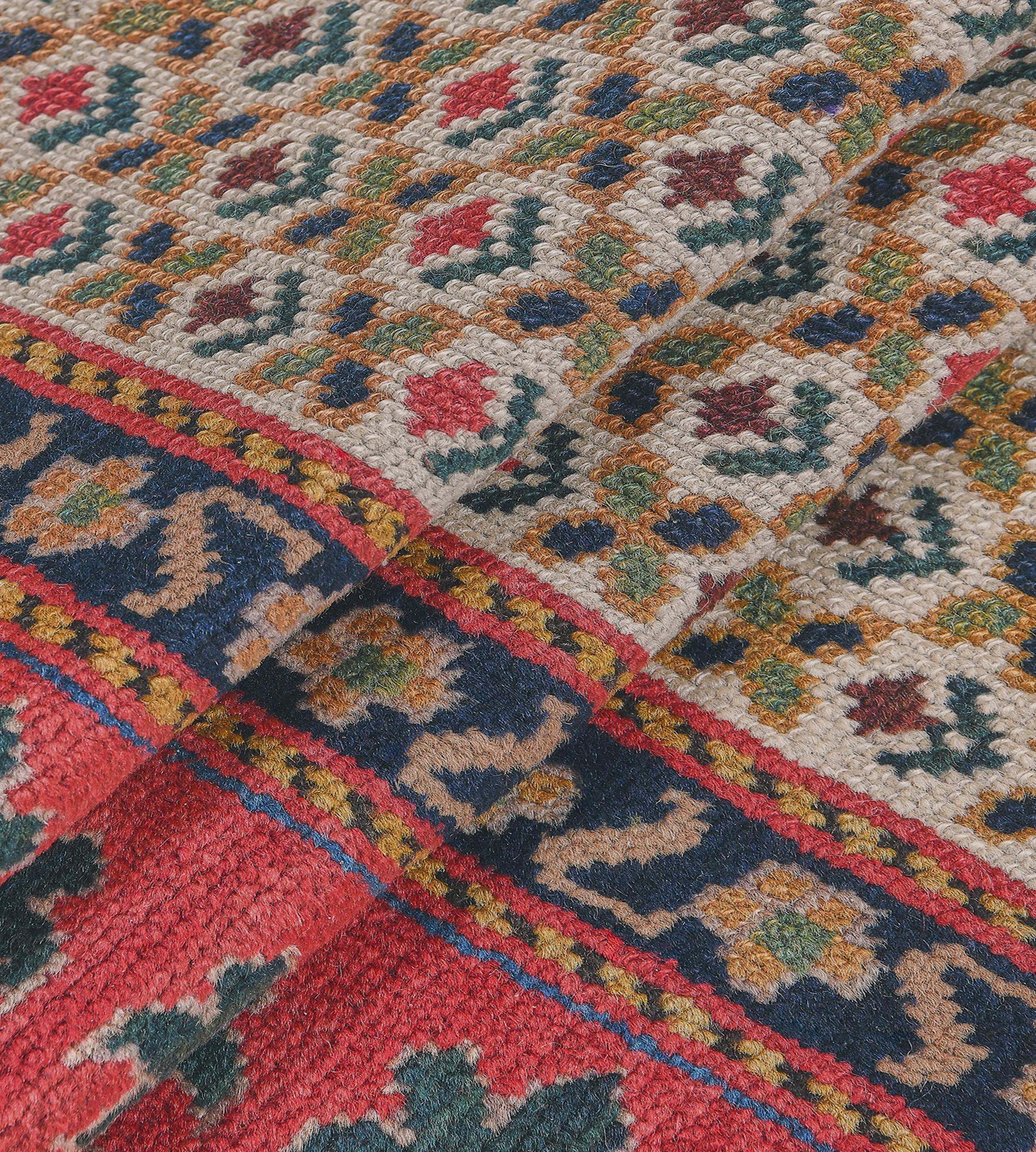 Wool Floral Antique Caucasian Runner with Bold Border For Sale 2