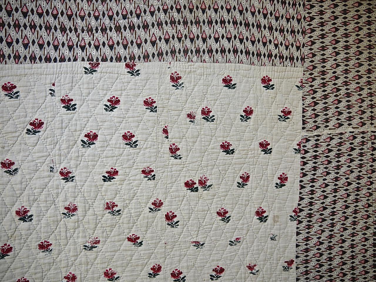 Quilted Wool Flowers Woven on Linen Quilt French, 18th Century