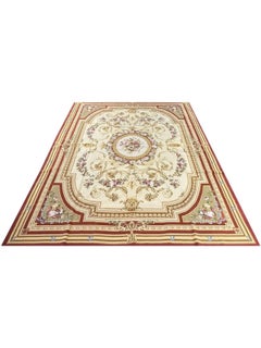 Wool French Needlepoint Style Area Rug with Circular Floral Medallion, Cream