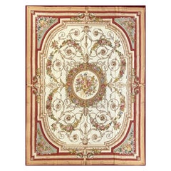 Wool French Needlepoint Style Area Rug with Circular Floral Medallion, Cream