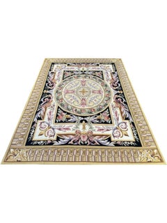 Wool French Needlepoint Style Area Rug with Circular Medallion, Black Field