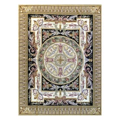 Wollteppich im französischen Needlepoint-Stil mit kreisförmigem Medaillon, schwarzes Feld