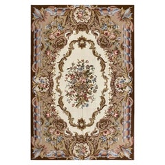 Wool French Needlepoint Style Area Rug with Floral Medallion, Brown Field & Ivor