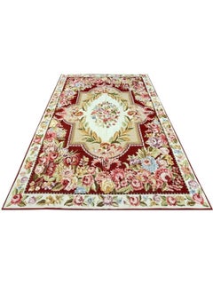 Wool French Needlepoint Style Area Rug with Floral Medallion, Burgundy Field