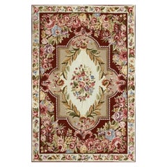 Wool French Needlepoint Style Area Rug with Floral Medallion, Burgundy Field