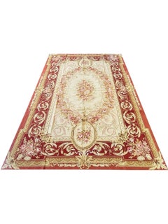 Wool French Needlepoint Style Area Rug with Floral Medallion, Ivory Center