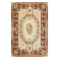 Wool French Needlepoint Style Area Rug with Floral Medallion, Ivory Center
