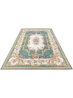 Wool French Needlepoint Style Area Rug with Ivory Floral Cartouche Medallion