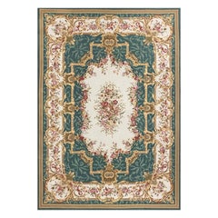 Wool French Needlepoint Style Area Rug with Ivory Floral Cartouche Medallion
