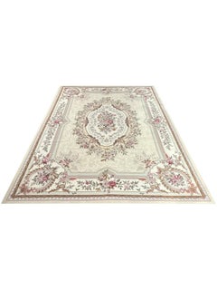 Wool French Needlepoint Style Area Rug with Oval Floral Medallion, Cream Ivory