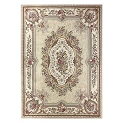 Wool French Needlepoint Style Area Rug with Oval Floral Medallion, Cream Ivory