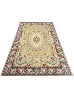 Wool French Needlepoint Style Area Rug with Oval Floral Medallion, Golden Field