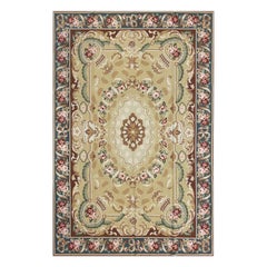 Wool French Needlepoint Style Area Rug with Oval Floral Medallion, Golden Field
