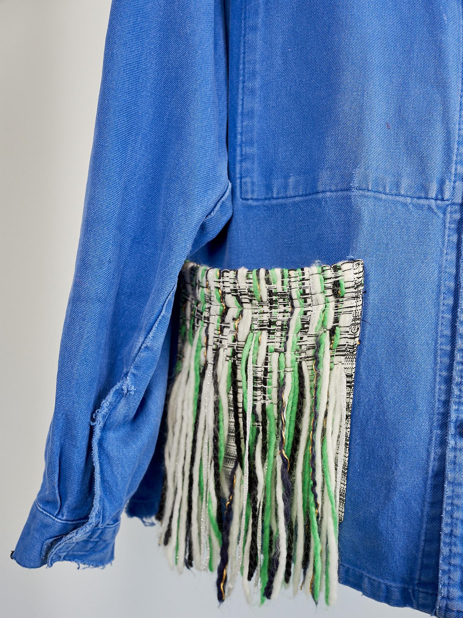  Wool Fringes Embellished Pockets Blue Cobalt Cotton French Work Wear J Dauphin In New Condition In Los Angeles, CA