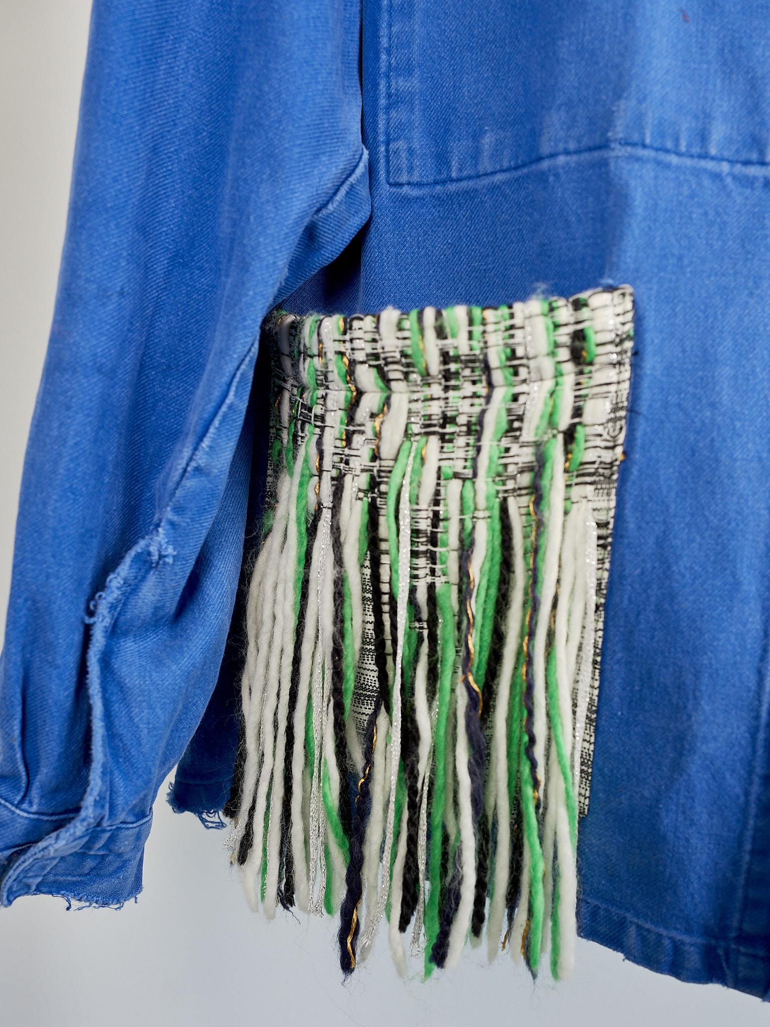 Women's  Wool Fringes Embellished Pockets Blue Cobalt Cotton French Work Wear J Dauphin