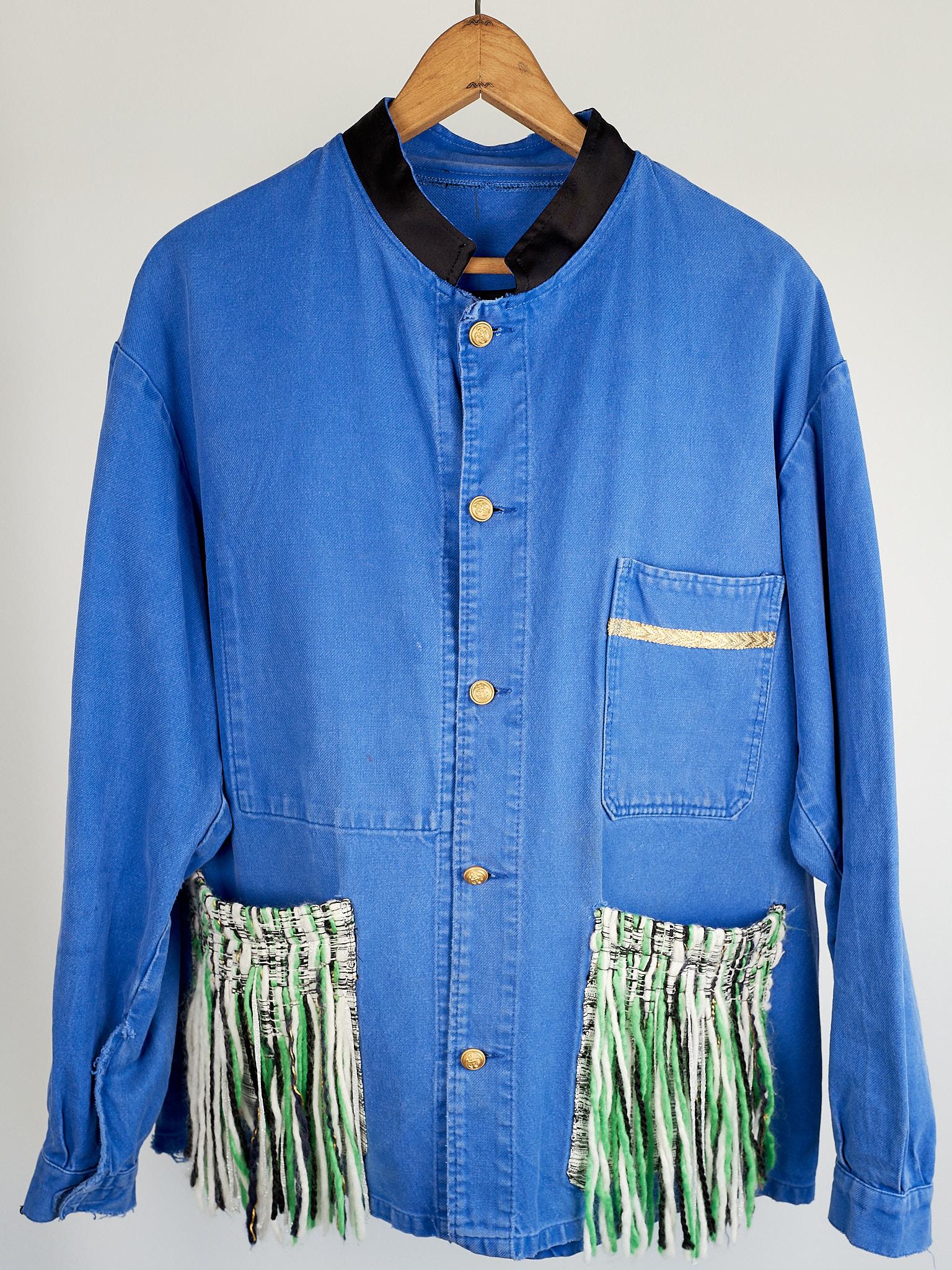  Wool Fringes Embellished Pockets Blue Cobalt Cotton French Work Wear J Dauphin 1