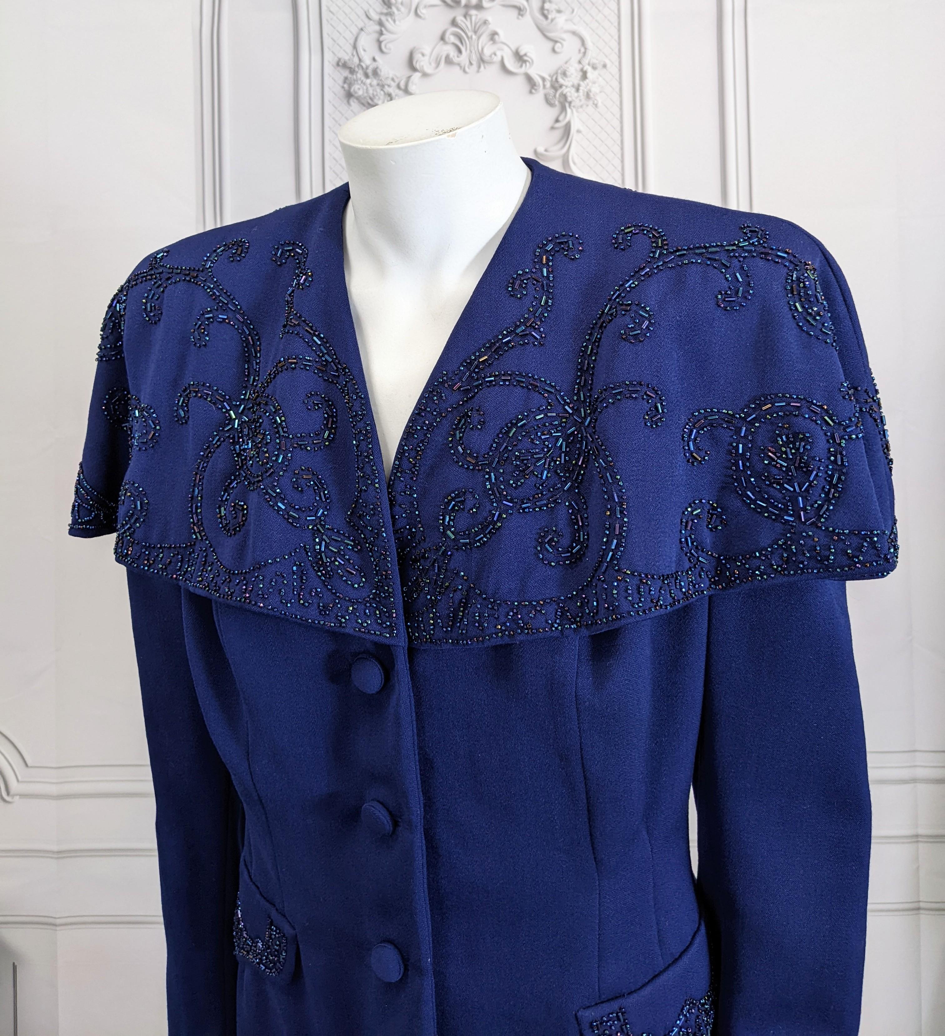 Purple Wool Gabardine 1940's Jacket with Beaded Capelet For Sale