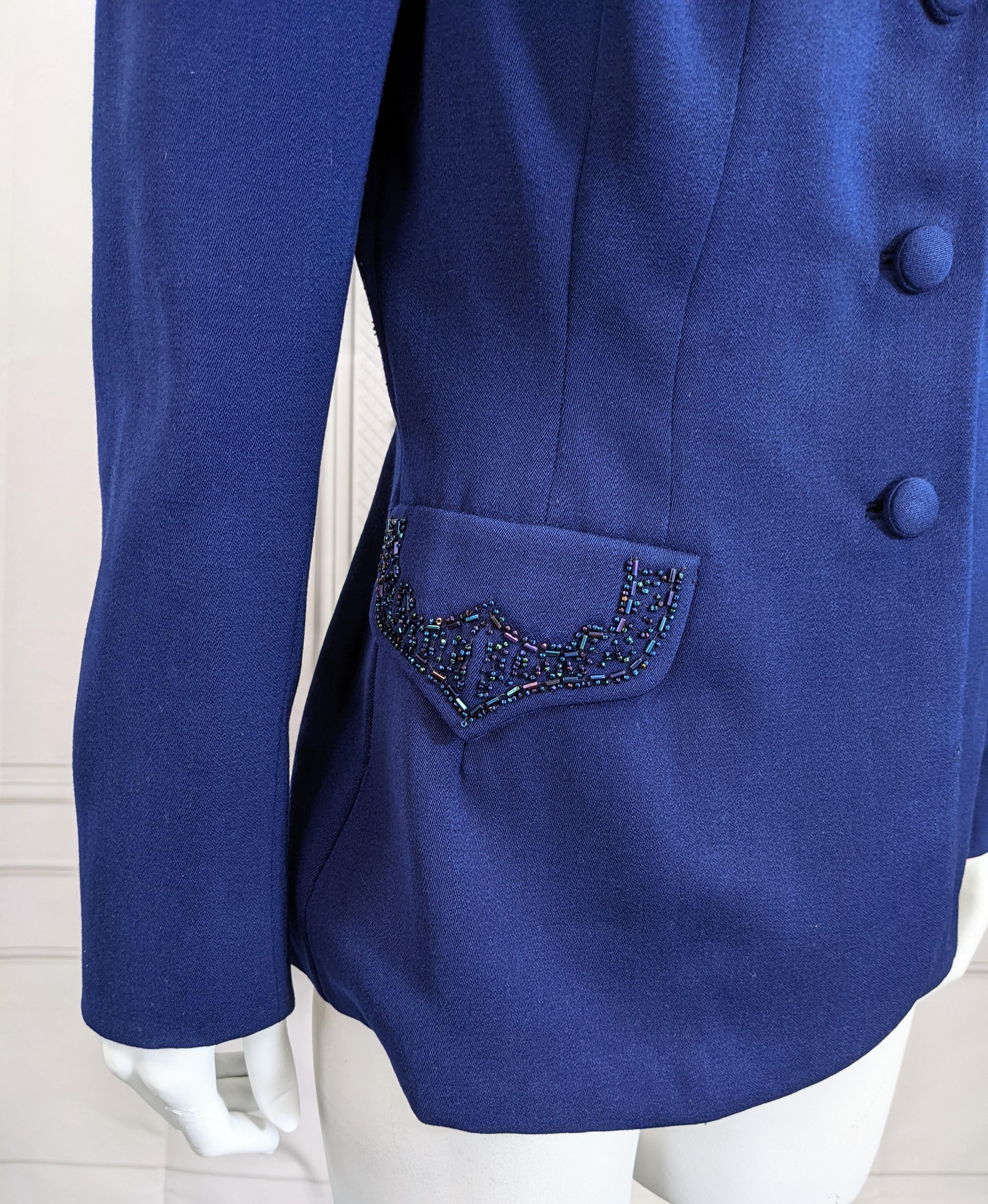 Wool Gabardine 1940's Jacket with Beaded Capelet For Sale 2