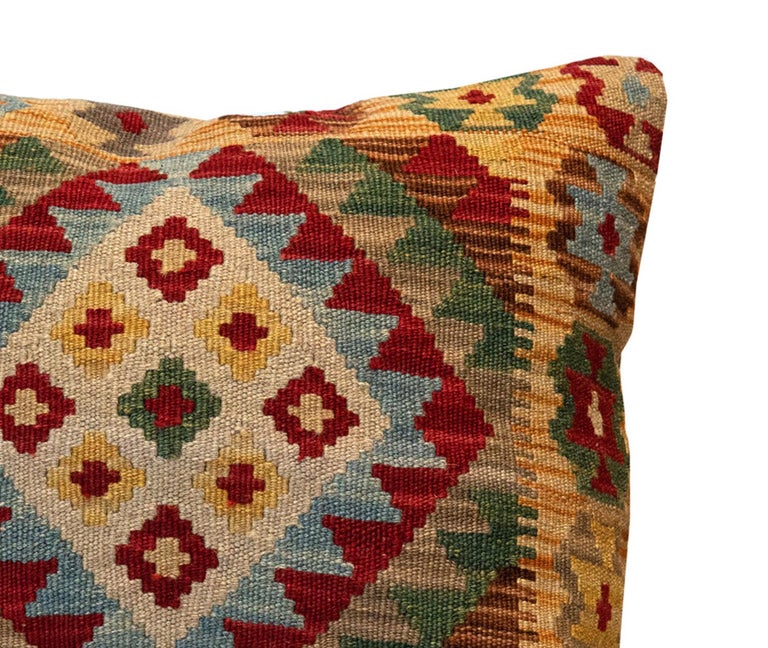 Afghan Wool Geometric Pillow Traditional Kilim Cushion Cover Handwoven Beige Green For Sale