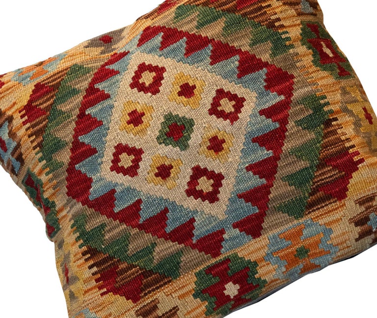 Vegetable Dyed Wool Geometric Pillow Traditional Kilim Cushion Cover Handwoven Beige Green For Sale