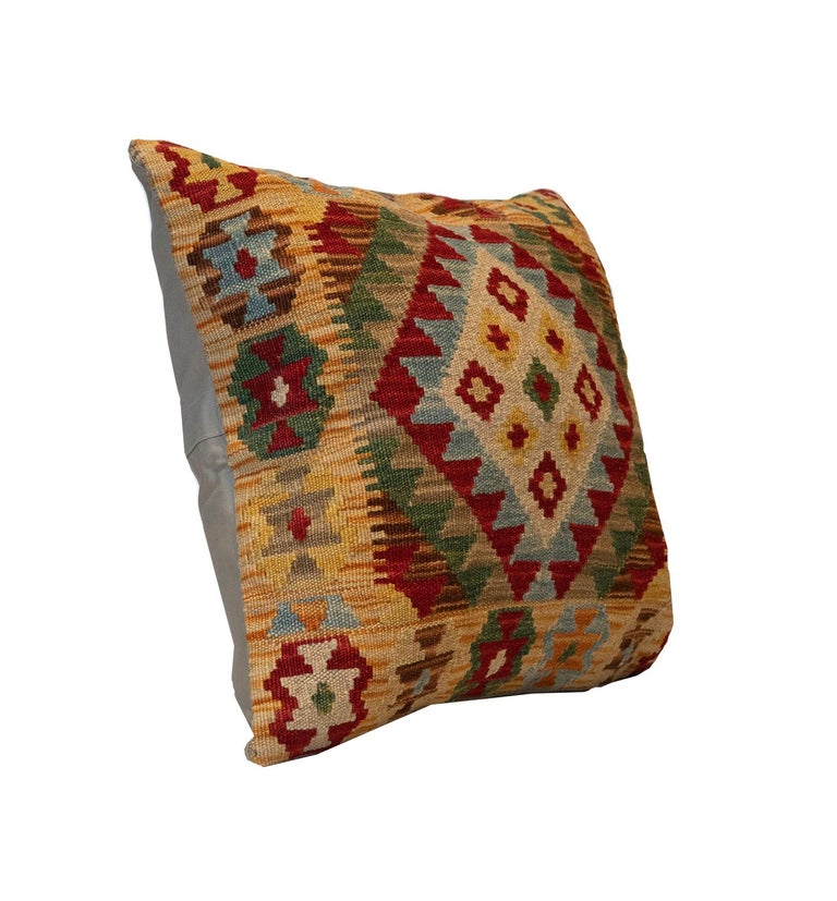 Late 20th Century Wool Geometric Pillow Traditional Kilim Cushion Cover Handwoven Beige Green For Sale