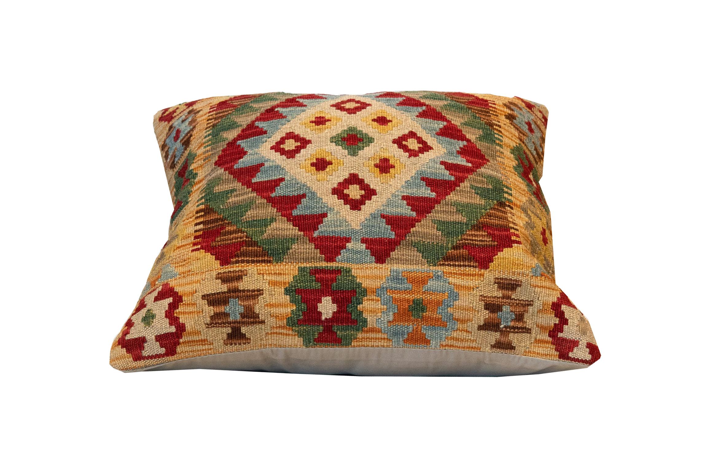 Cotton Wool Geometric Pillow Traditional Kilim Cushion Cover Handwoven Beige Green