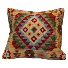Wool Geometric Pillow Traditional Kilim Cushion Cover Handwoven Beige Green