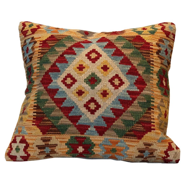 Wool Geometric Pillow Traditional Kilim Cushion Cover Handwoven Beige Green For Sale
