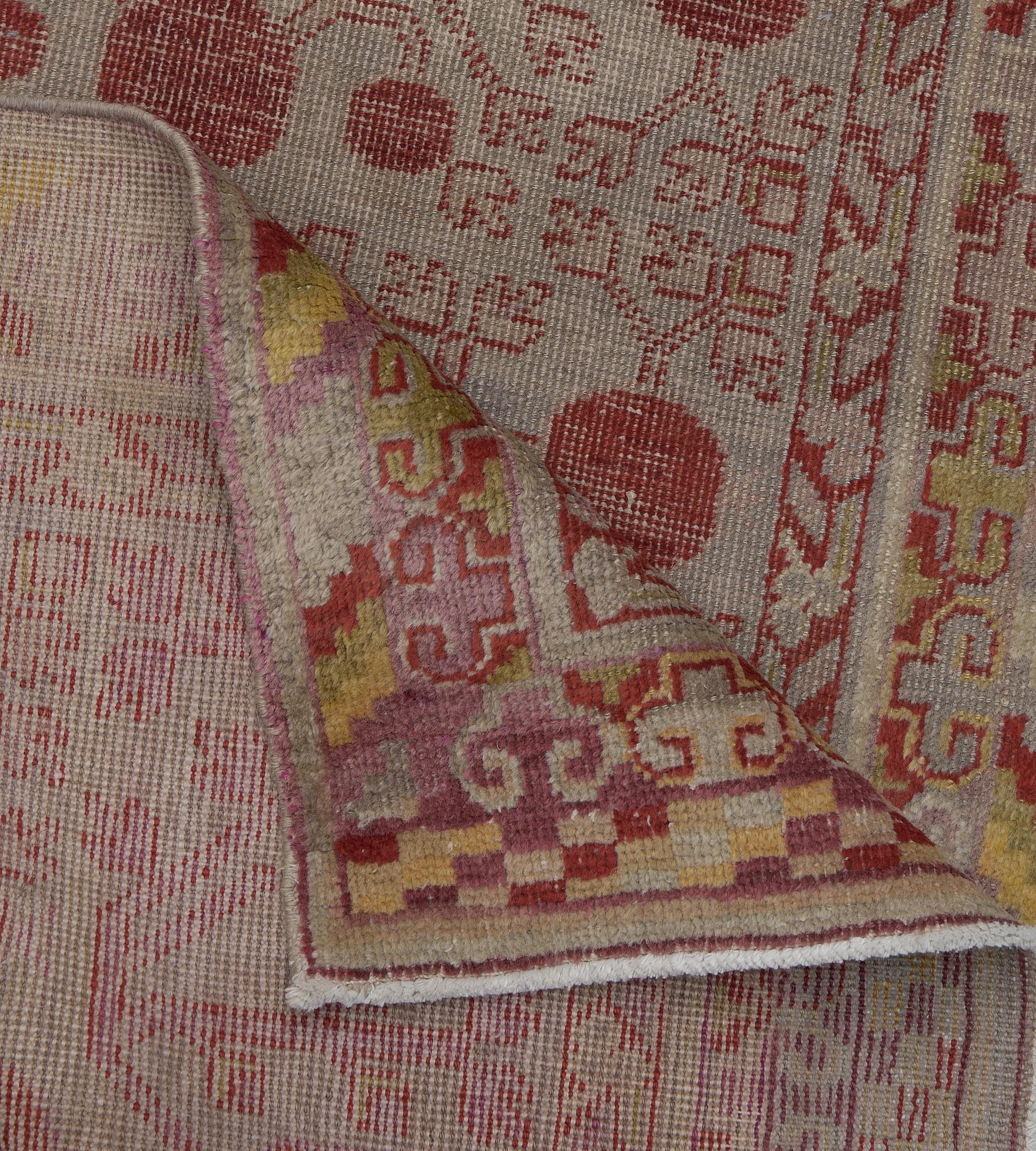 Wool Hand-Woven Antique Coral-Red Pomegranate Khotan Rug For Sale 4